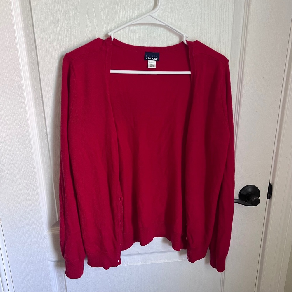 Basic Editions Womens Red V-Neck Button Front Cardigan Sweater Medium 5016